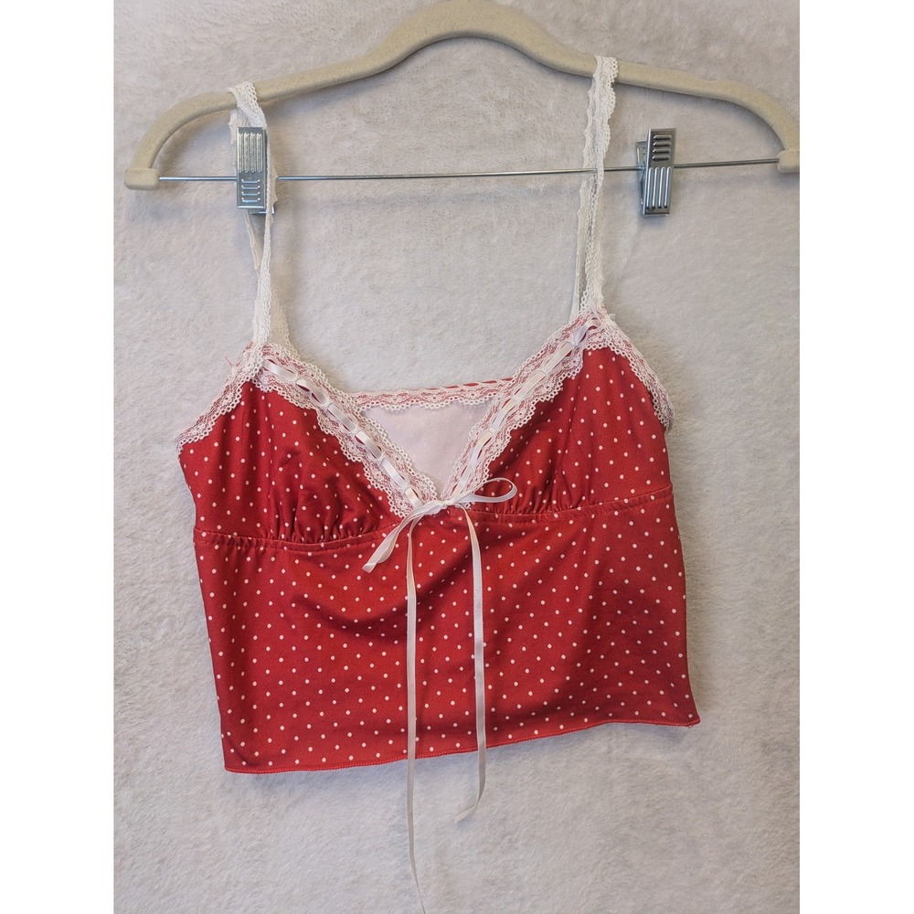 SHEIN Womens Red Polka Dot Lace Trim Cami Top Ribbon Bow Cropped XS 2